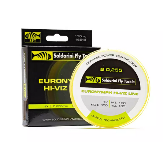 Bobina di Filo Soldarini Euronymph Hi-Viz SFT, il monofilo ad alta visibilità per la pesca a ninfa."