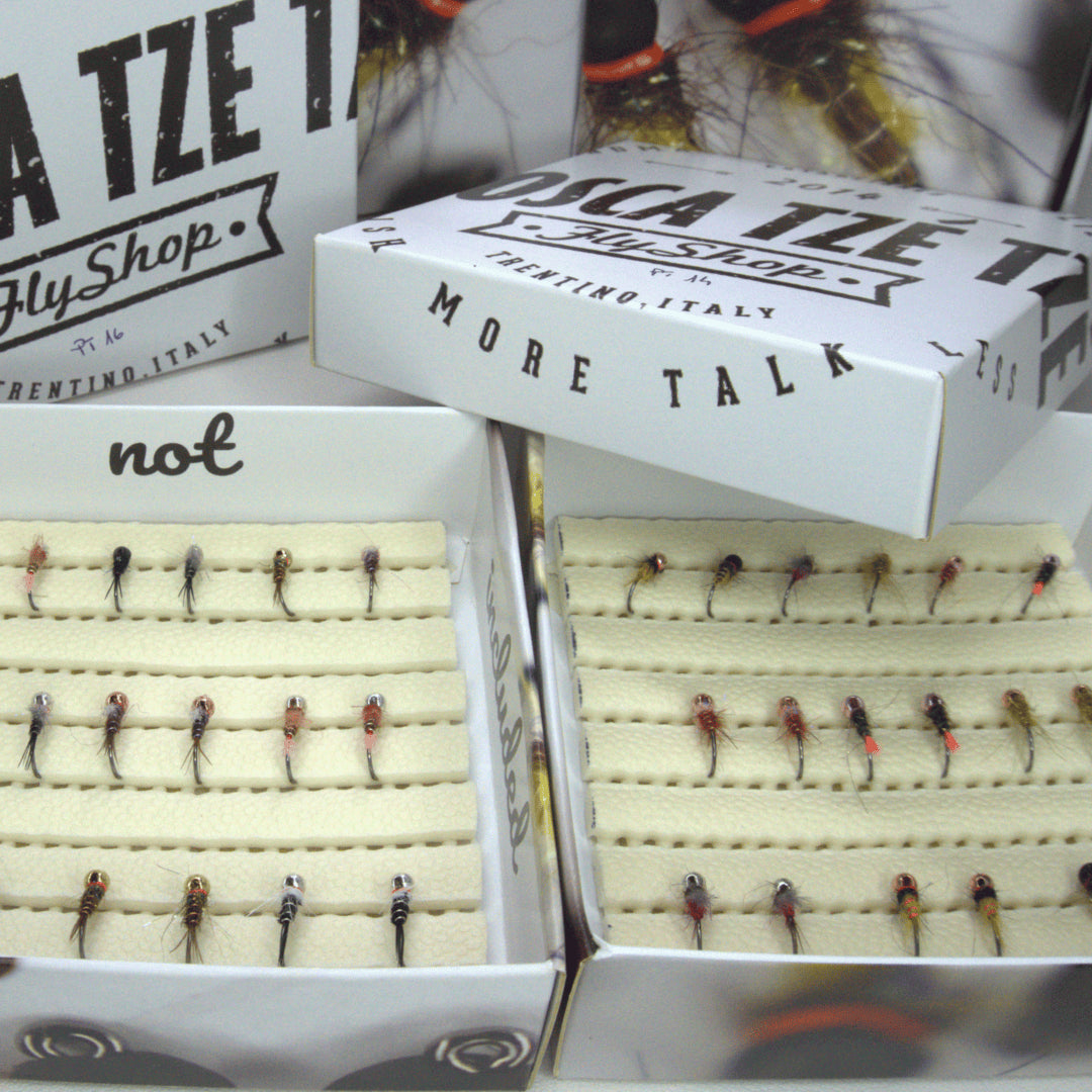Collezione completa ninfe Fly Fishing Dolomitico su Moscatzetze. Le tre selezioni esclusive (Classic, Search, Attractor) ideate dalla guida Diego Riggi.