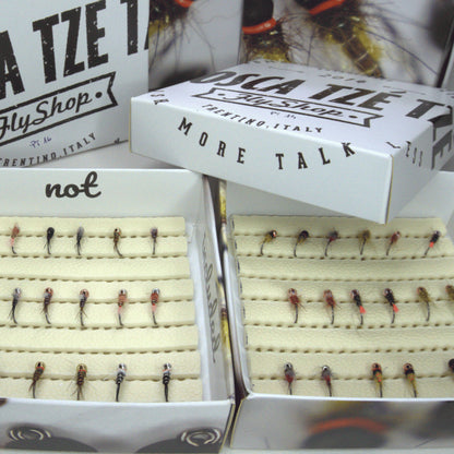 Collezione completa ninfe Fly Fishing Dolomitico su Moscatzetze. Le tre selezioni esclusive (Classic, Search, Attractor) ideate dalla guida Diego Riggi.