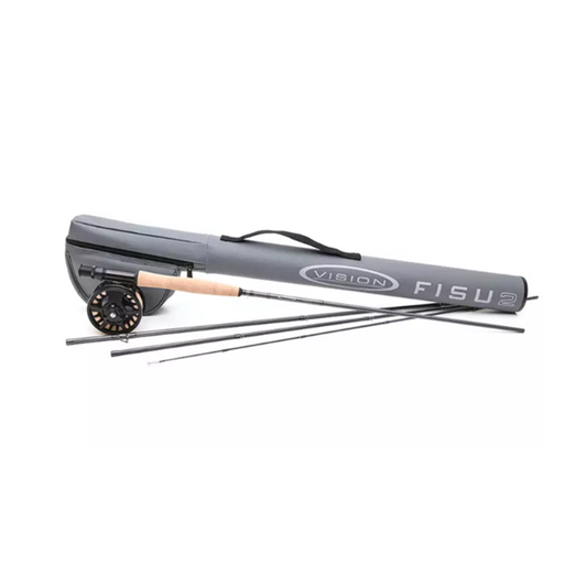Kit pesca a mosca Vision FISU² Outfit con canna medio-veloce, mulinello a frizione, coda WF e finale conico, pronto all’uso.