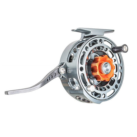 Mulinello JMC Yoto Nymph di colore grigio metallizzato con accenti arancioni, ideale per la pesca a ninfa, con guida filo in ceramica.