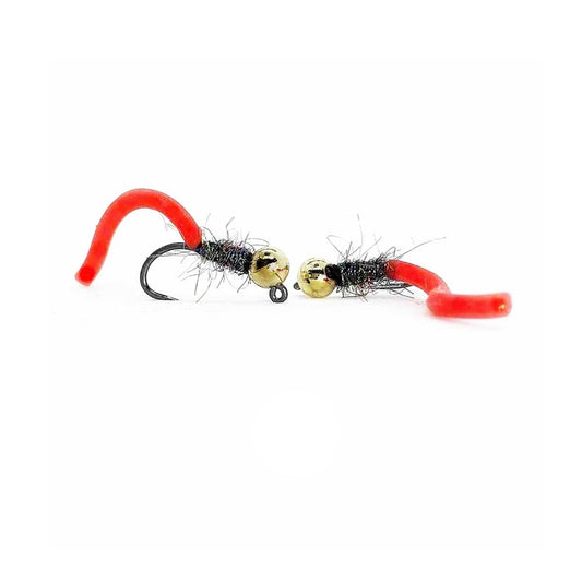 Ninfa Red Worm con corpo in dubbing Spectra Flash Peacock e coda in gomma rossa